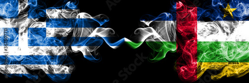 Greece vs Central African Republic smoky mystic flags placed side by side. Thick colored silky abstract smoke flags.