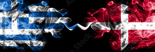 Greece vs Denmark  Danish smoky mystic flags placed side by side. Thick colored silky abstract smoke flags.