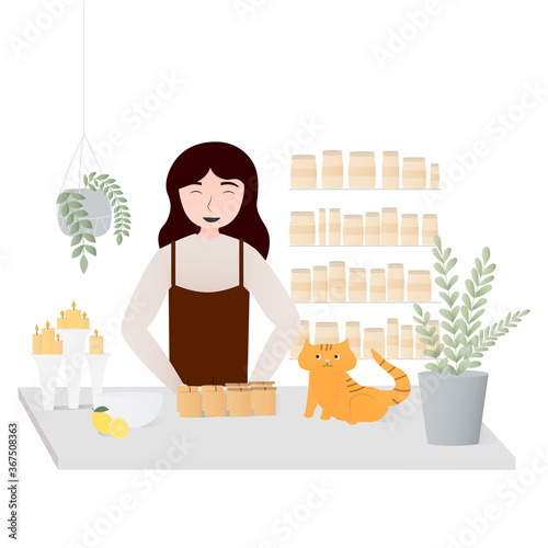 Girl making candles, cat sitting on the table, ingredients for handmade candles - oils, wax, herbs, interesting hobby, vector concept fot online master classes or courses, lovely workshop 