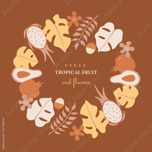 Tropical plants, leaves and fruits, greeting card, concept for posters, placards and banners in pastel colors. Hand drawn vector illustration in modern flat style, isolated on background.