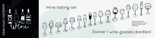 Wine glass line art doodles for bar banner, local wine event, wine tasting course, wines menu card. Vector sketch wine glasses on white background — natural pencil texture. Winery seamless pattern.