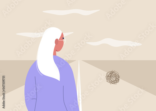 Wild west landscape, a rear view of a  female character looking at a tumbleweed ball, dry climate, emptiness