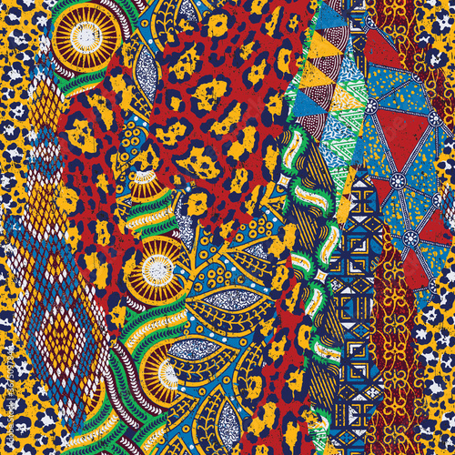 Traditional african fabric and wild animal skins patchwork abstract vector seamless pattern