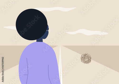 Wild west landscape, a rear view of a black female character looking at a tumbleweed ball, dry climate, emptiness