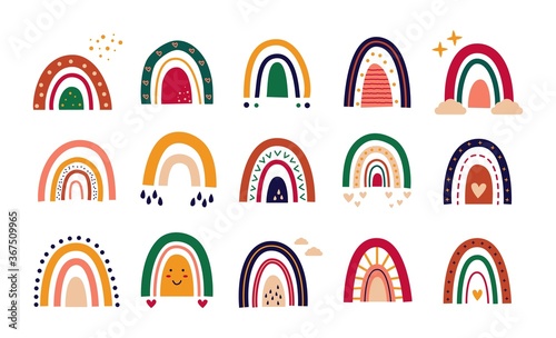 Abstract childish rainbows. Scandinavian flat rainbow shapes with ornaments, hand drawn colored set. Vector trendy illustration