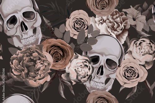 Floral seamless pattern with skull, rose and peony. Flower gothic  print on dark background. Vintage textile. Watercolour style. Vector illustration