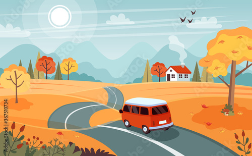 Autumn trip. Landscape with a cute van on the road. Vector illustration in flat style
