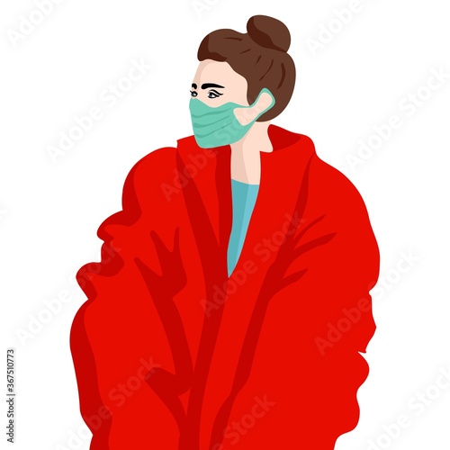 
Woman in medical mask and oversize coat. Vector illustration on the theme of coronavirus. Drawn in a minimalist style with shadows.