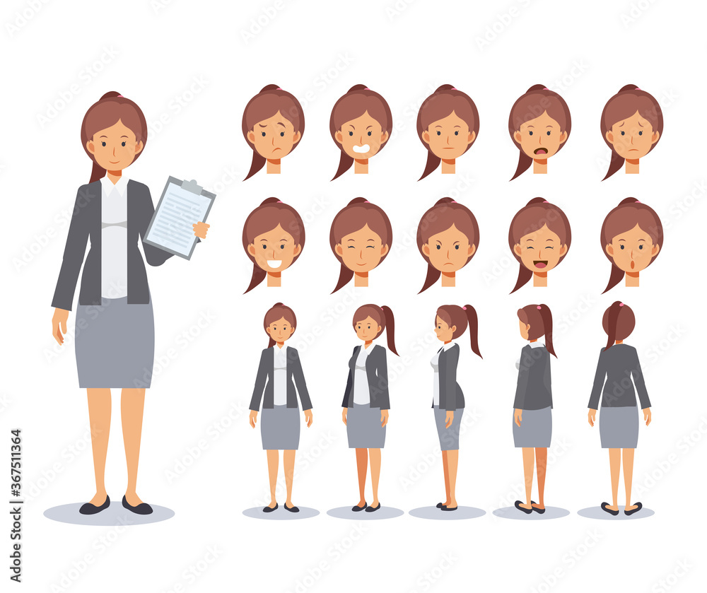 Front, side, back view animated character. Business woman Flat Vector Character creation set with various views, Cartoon style, flat vector illustration. Emotion. Front, side, back view animated character. Business woman Flat Vector Character creation set with various views, Cartoon style, flat vector illustration. Emotion.