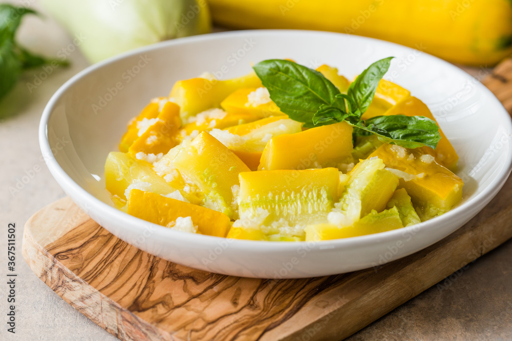 Healthy Organic Boiled zucchini with garlic and basil. Ready to Serve. Italian food Healthy Organic Boiled zucchini with garlic and basil. Ready to Serve. Italian food