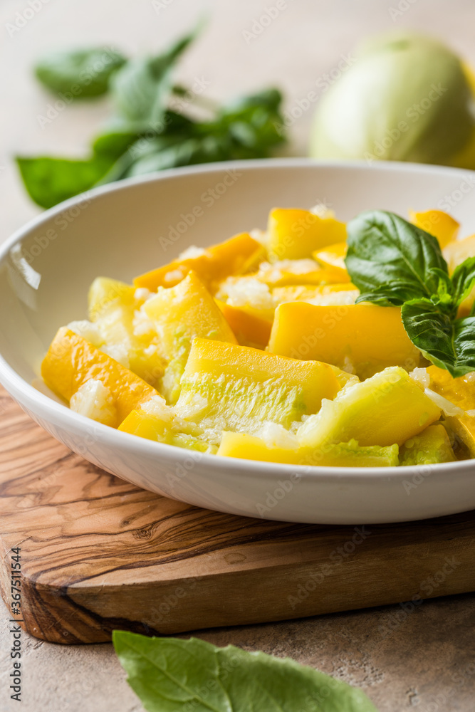 Healthy Organic Boiled zucchini with garlic and basil. Ready to Serve. Italian food Healthy Organic Boiled zucchini with garlic and basil. Ready to Serve. Italian food