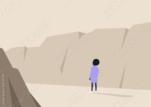 Young black female character hiking in wild nature, canyon landscape, travel scene, national park