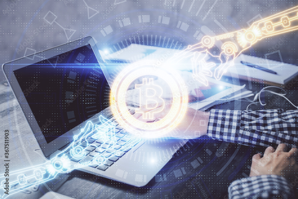 Blockchain theme hologram with man working on computer on background. Concept of crypto chain. Double exposure. Blockchain theme hologram with man working on computer on background. Concept of crypto chain. Double exposure.