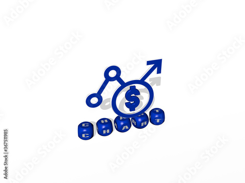 3D representation of CHART with icon on the wall and text arranged by metallic cubic letters on a mirror floor for concept meaning and slideshow presentation. illustration and business