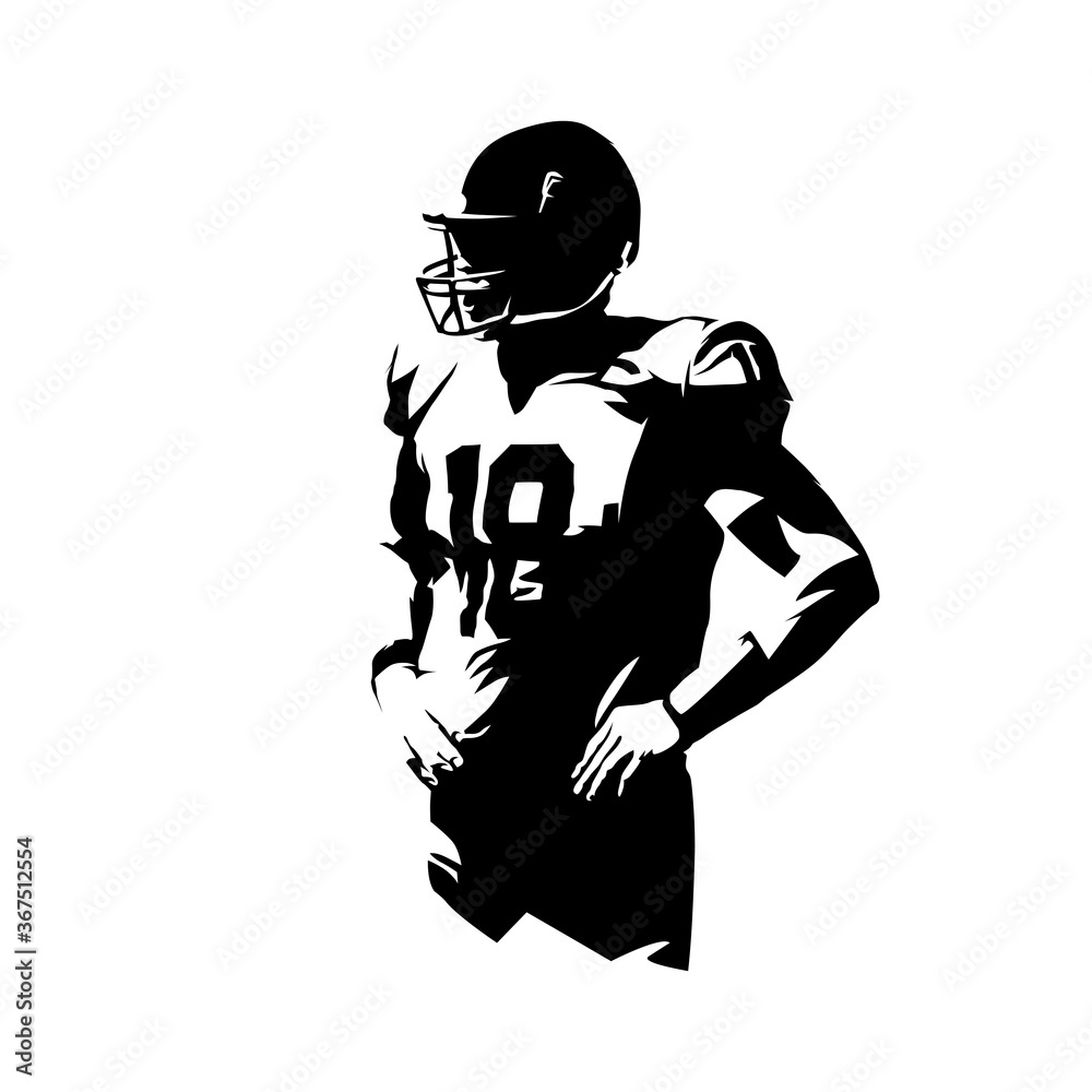 Naklejka American football player standing with hands on hips, isolated vector silhouette. Ink drawing logo