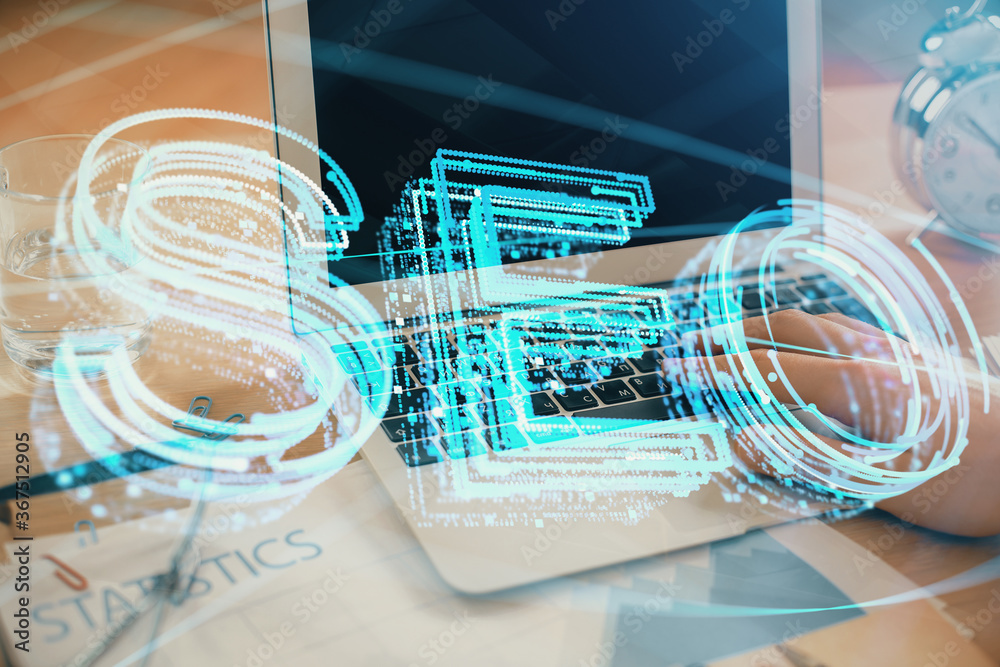 Double exposure of seo icon with man working on computer on background. Concept of search engine optimization. Double exposure of seo icon with man working on computer on background. Concept of search engine optimization.