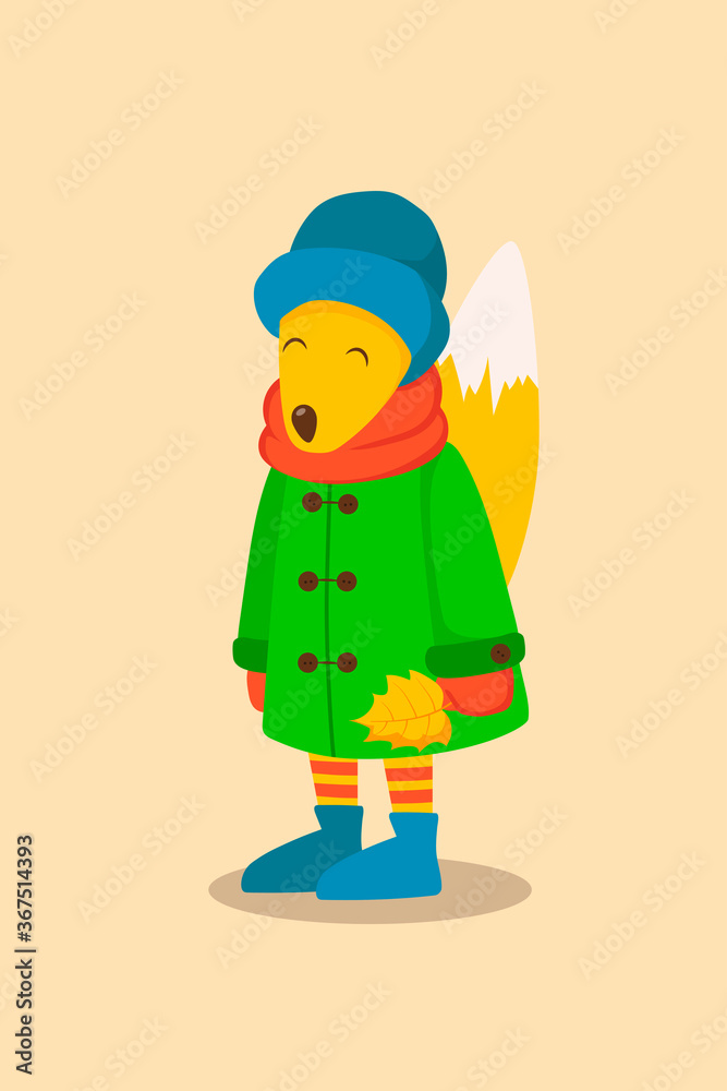 Fall. Animal. A fox in a green coat and blue boots holds a yellow maple leaf. Colorful vector character illustration Fall. Animal. A fox in a green coat and blue boots holds a yellow maple leaf. Colorful vector character illustration