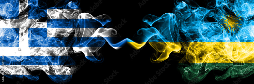 Greece vs Rwanda, Rwandan smoky mystic flags placed side by side. Thick colored silky abstract smoke flags.