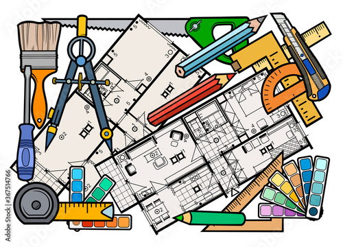 Cartoon doodles funny repair tools illustration