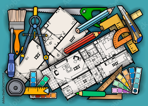 Cartoon doodles funny repair tools illustration