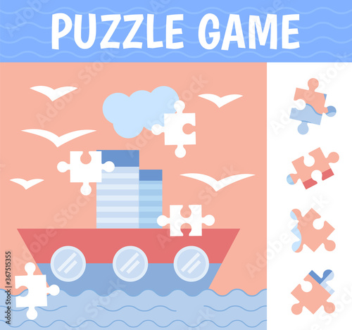 Puzzle game: find the right part. Ship at sea. Entertainment for children.