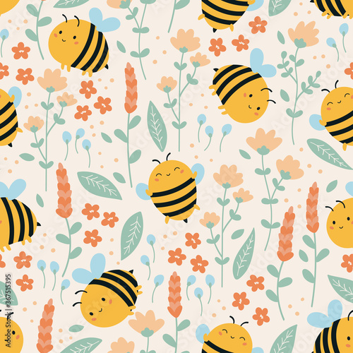 Childish funny bees and summer flowers of seamless pattern. Cute kawaii cartoon bee. Doodle bumblebee, plants and leaves. Ideal for fashion prints.