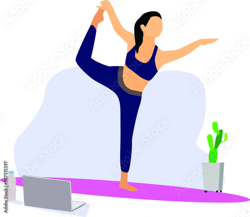 a woman doing yoga exercise while quarantine at home by watching the video tutorial. basic yoga / fitness / gym movements