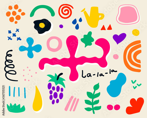 Abstract Hand drawn design background. Colorful contemporary trendy Shapes and Doodle isolated objects. Big set modern vector art illustrations. Perfect for textile prints fabric, covers, wallpapers.