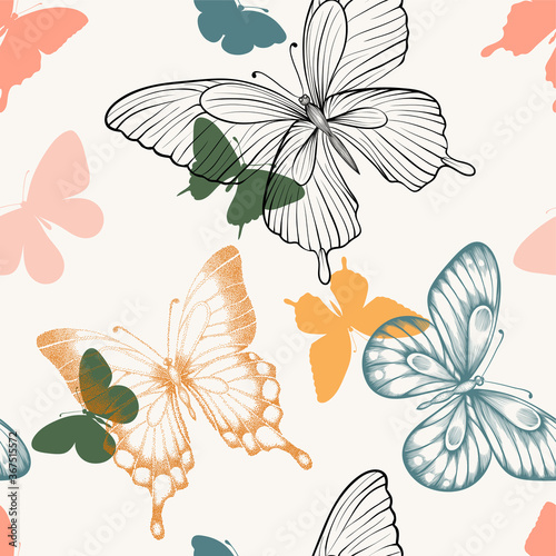 Seamless pattern with decorative butterflies in scandinavian style. design greeting card and invitation of wedding  birthday  Valentine s Day  mother s day  spring  summer holidays  fabric  textile