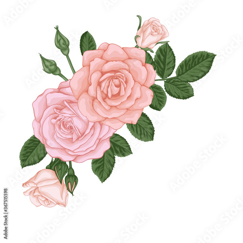 beautiful bouquet with pastel pink roses buds and leaves. Floral arrangement. design greeting card and invitation of the wedding, birthday, Valentine's Day, mother's day and other holiday