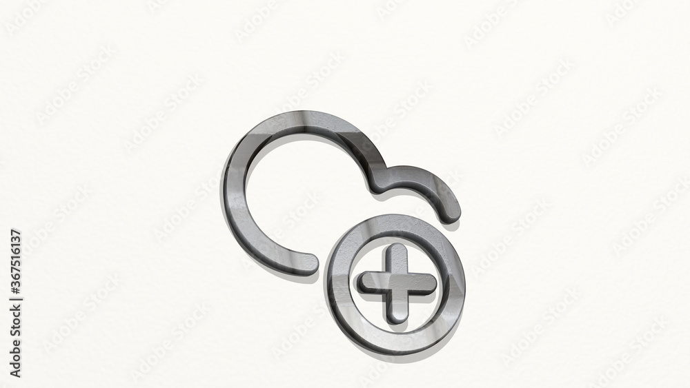 CLOUD ADD from a perspective on the wall. A thick sculpture made of metallic materials of 3D rendering. background and blue