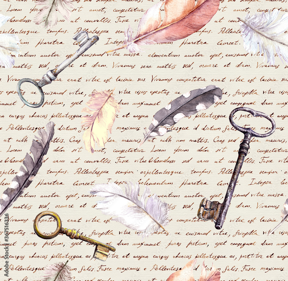 Feathers, keys pattern, paper texture with hand written text notes ...