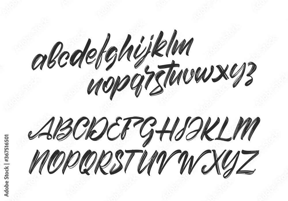 Vector Cursive Handwritten brush font. English Abc alphabet on white background.