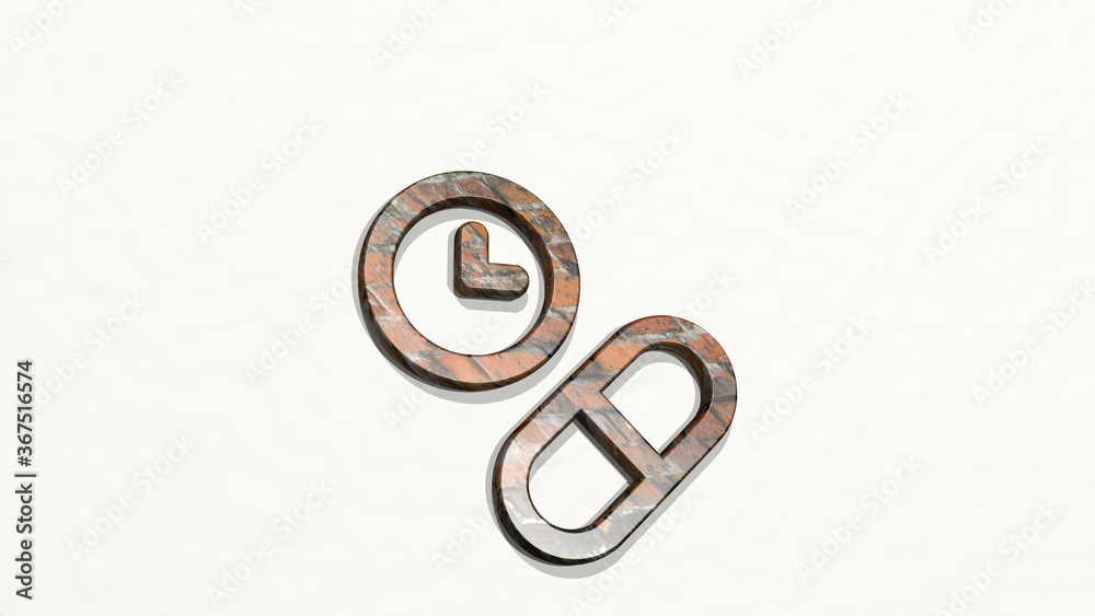 pill clock made by 3D illustration of a shiny metallic sculpture on a wall with light background. medicine and capsule pill clock made by 3D illustration of a shiny metallic sculpture on a wall with light background. medicine and capsule