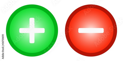 Plus and minus button icons, brightly coloured red and green vector set.