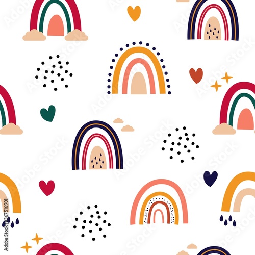 Seamless abstract rainbow pattern. Scandinavian childish rainbow and heart shapes, hand drawn colored elements. Vector illustration