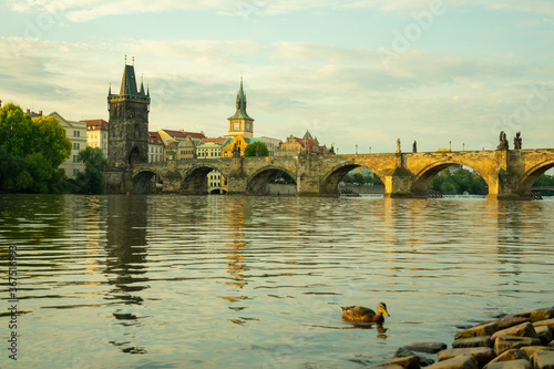Pedestrians only Charles Bridge (a.k.a. Stone Bridge, Kamenny most, Prague Bridge, Prazhski most) over Vltava river in Prague, Czech Republic.