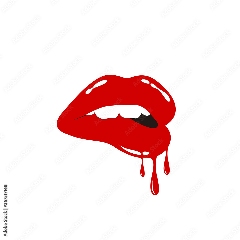 Red dripping girl lips. Woman bleeding sexy red mouth. Melting kiss