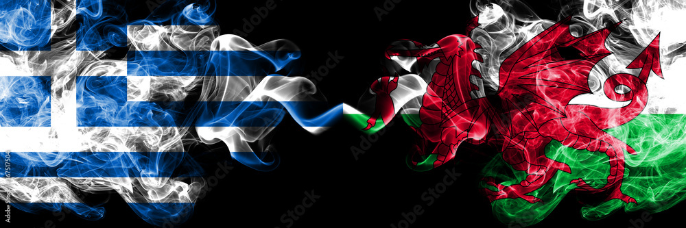 Greece vs Wales, Welsh smoky mystic flags placed side by side. Thick colored silky abstract smoke flags.