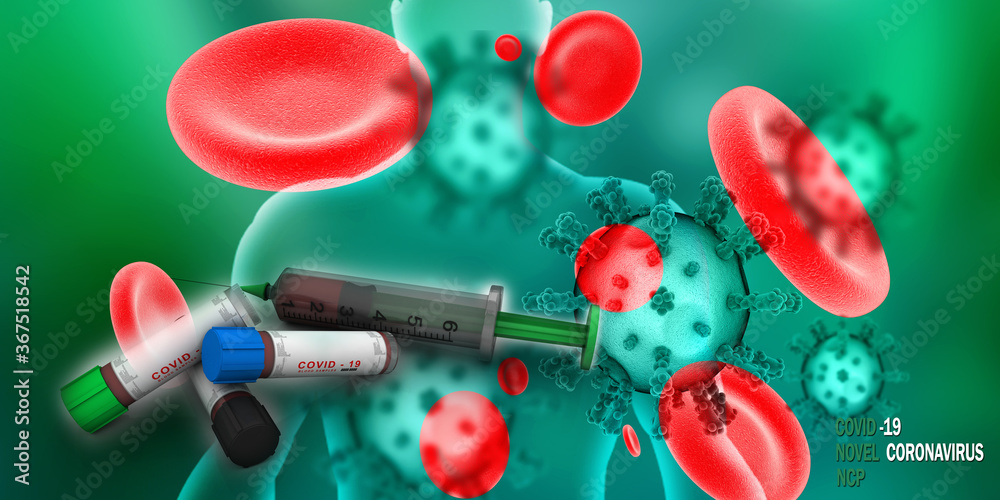 3D illustration covid 19 blood testing sample bottle with syringe