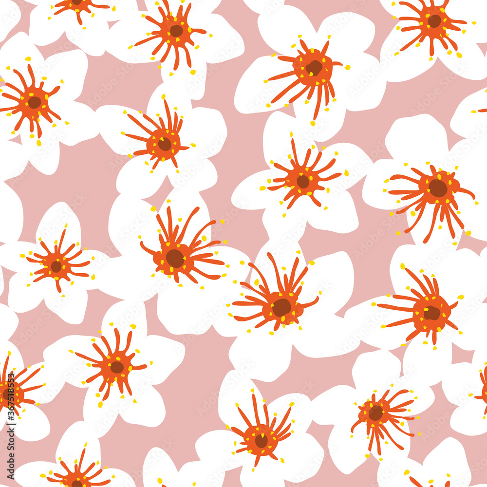 Vector White, Orange & Pink Trendy Abstract Floral Seamless Pattern for Fabric & wrapping Paper Prints.