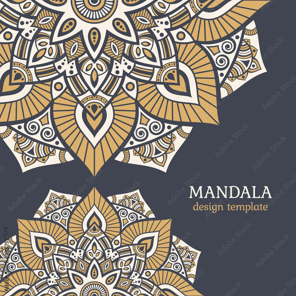 Greeting card or invitation template with mandala vector color illustration. Ethnic mandala decorative background. Islam, Arabic, Indian, ottoman motifs. 