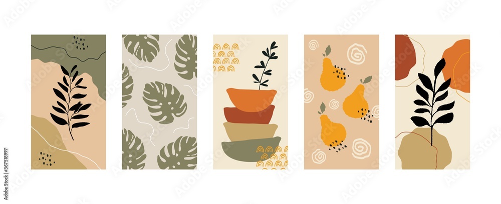 Abstract backgrounds for social media. Set of shapes leaves fruits for stories, banners. Vector creative design for social network, blog Abstract backgrounds for social media. Set of shapes leaves fruits for stories, banners. Vector creative design for social network, blog