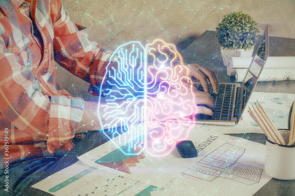 Man with computer background with brain theme hologram. Concept of brainstorm. Double exposure. Man with computer background with brain theme hologram. Concept of brainstorm. Double exposure.