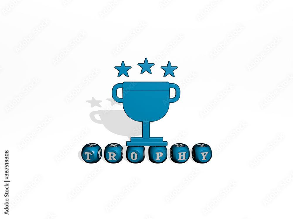 3D representation of TROPHY with icon on the wall and text arranged by metallic cubic letters on a mirror floor for concept meaning and slideshow presentation. illustration and award
