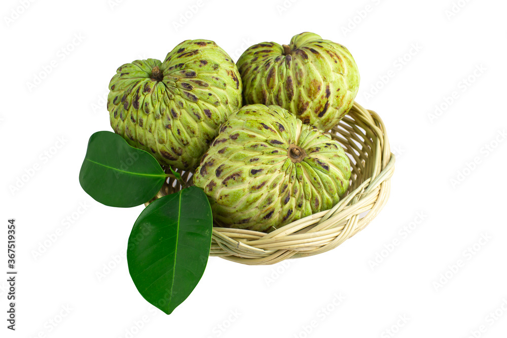 ripe custard apple fruit with leaf isolated on white background