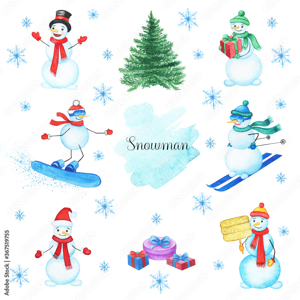  Watercolor snowman set isolated on white background. This Christmas set with  handpainted clipart (snowman on skis,fir-tree, snowman on snowboard, snowflake)