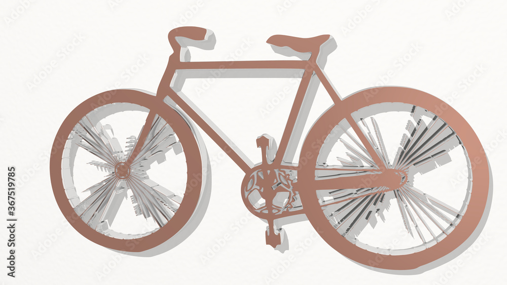 bicycle from a perspective on the wall. A thick sculpture made of metallic materials of 3D rendering. bike and city