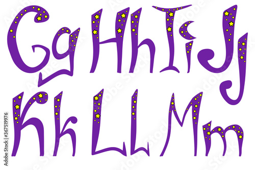 Magician alphabet for halloween. Latin uppercase and lowercase hand-drawn lettering. G, H, I, J, K, L, M letters for your design, banner, logo, type, card, poster. 