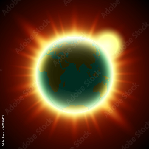 Fototapeta Naklejka Na Ścianę i Meble -  world map with the rising sun. Globe icon in the space sunlight. Planet Earth on sunny glow background view from space. Continents world Sunshine picture. Colorful poster presentation